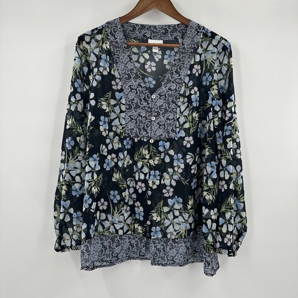 J Jill Blouse Womens Large Blue Floral Chiffon Breathable Sheer Cottage Navy Top
